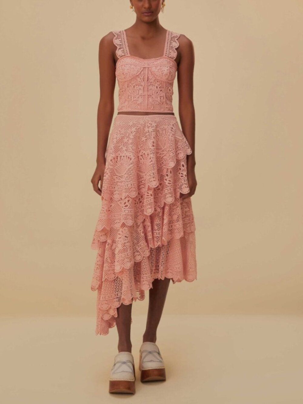 NWT FARM Rio Light Pink Guipure Lace Corset Top & Tiered Maxi Skirt Set S - Picture 2 of 16